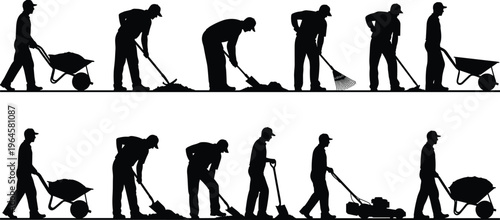 Professional black silhouettes of gardeners and laborers performing various outdoor landscaping tasks like digging, raking, mowing, and pushing wheelbarrows on a clean white background.