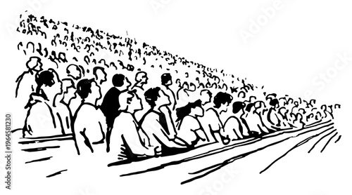 Crowd of spectators sitting in stadium stands watching sports game in minimalist line drawing