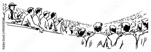 Audience sitting in stadium stands watching sports event in minimalist line sketch