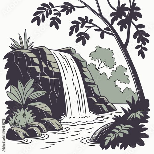 Vector illustration of a serene waterfall in a lush green forest with rocks and trees
