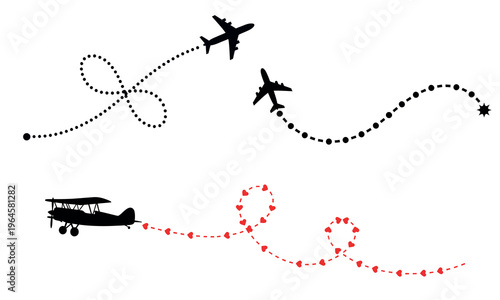 Silhouette of airplanes and a vintage biplane in flight with dotted trails forming a decorative pattern