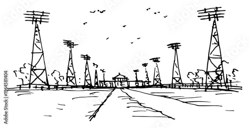 Stadium floodlights and lighting towers along sports arena entrance in hand drawn ink sketch style