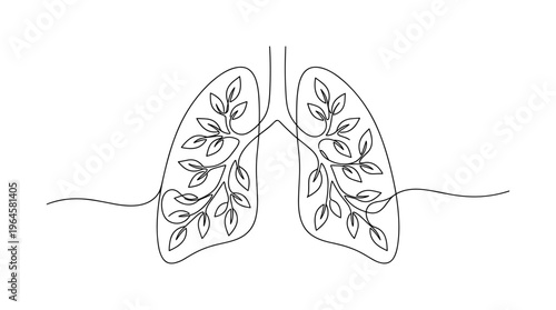 Abstract continuous line drawing of lungs with leaves symbolizing health and nature. Minimalist medical illustration for respiratory wellness and organic breathing concept.