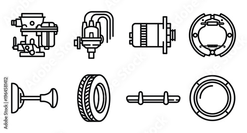 Classic car engine and mechanical part icons set featuring carburetor distributor and brake drums