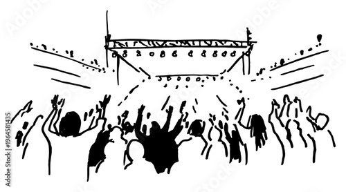 Crowd of fans cheering at concert stage with hands up in minimalist line art