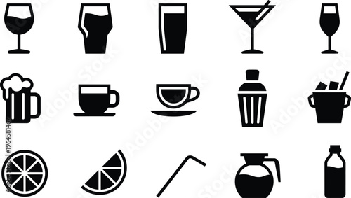 Beverage and drink icon set solid silhouette vector illustration for coffee, cocktail, beer, juice, and bar menu design
