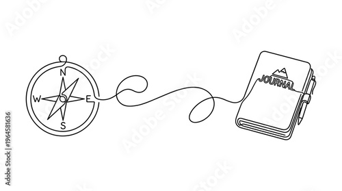 Continuous line drawing of a compass and journal connected by a single line, symbolizing adventure, exploration, and personal journey planning.