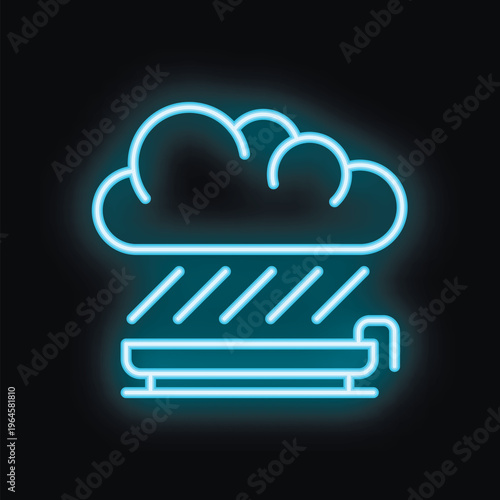Neon blue icon of a raining cloud over an empty bench, representing bad weather and its impact on outdoor activities