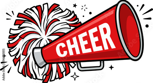 Foto Cheerleading Megaphone and Pom Pom Vector Illustration – Red and White Cheer Bul