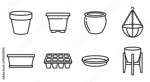 Collection of eight gardening plant pot and accessory line icons: pots, planter, hanging basket, tray.
