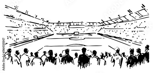 Stadium full of people watching sports match from stands line art style