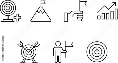 Business goals and target icons set with achievement growth success strategy planning and performance symbols collection for success