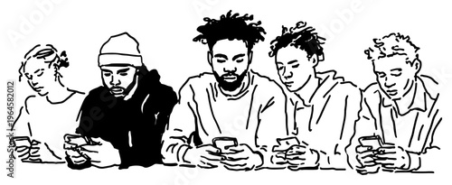 Young diverse people sitting together while looking at their smartphones in artistic ink line art style