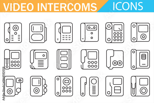 Video door phone icons collection smart security intercom communication system vector line design