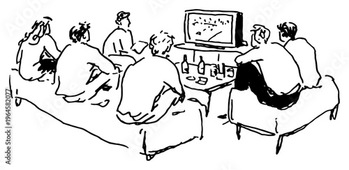 Group of friends sitting on sofas watching television together in expressive hand drawn sketch style