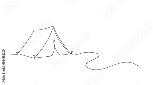 Minimalist continuous line drawing of a camping tent with a winding rope extending into a blank white background representing outdoor adventure and simplicity
