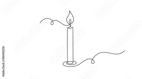 Minimalist single line drawing of a lit candle with a flame and smoke elegantly flowing on a white background symbolizing warmth hope and celebration