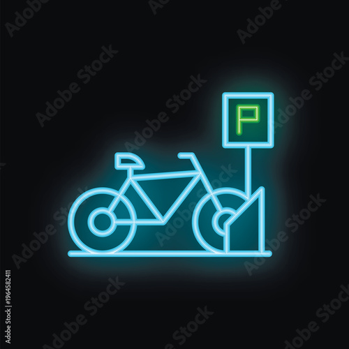 Neon sign depicting bicycle secured to bike rack with glowing parking sign above