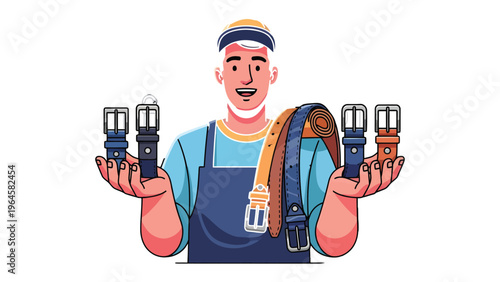 Artisan's Offering: A skilled craftsman proudly displays a vibrant collection of meticulously crafted leather belts, showcasing his artistry and the timeless elegance of classic accessories.