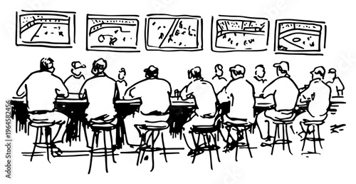 People at sports bar sitting on stools watching television screens line illustration