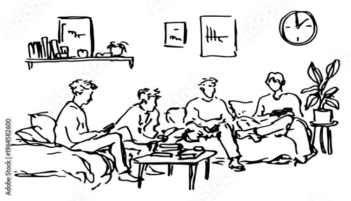 Young people relaxing and reading together in a cozy living room line art style