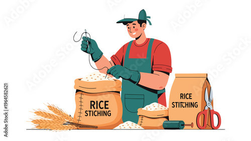 Crafting the Staple: A skilled artisan meticulously stitches a sack of rice, embodying the essence of quality and tradition in agriculture. 