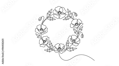 Elegant single line drawing of a delicate poppy flower wreath with buds and leaves in a circular arrangement symbolizing nature and beauty