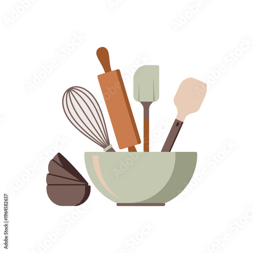 A kitchen utensil set in a green bowl with chocolate