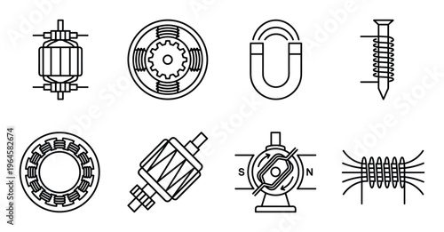 Electric motor components and electromagnetism vector icons set on transparent background for engine