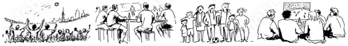 Sports fans cheering and watching football matches in various urban settings line art style