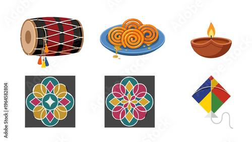 Indian Festival Icon Set with Dhol Drum, Jalebi Sweet, Diya Lamp, Rangoli Mandala Designs, and Colorful Flying Kite
