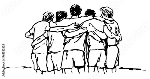 Group of male friends standing together with arms around shoulders in expressive ink sketch style