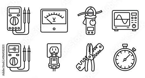 Electrical measurement tools and diagnostic equipment icons for professional electrician maintenance