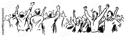 Crowd of fans cheering with raised hands at stadium or concert in hand drawn ink sketch style