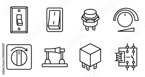 Electrical switches and control components line icons collection for circuit board power management