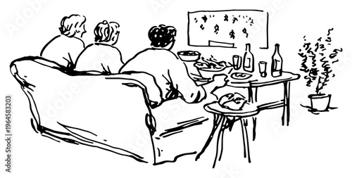 People watching television sitting on sofa in living room with snacks minimalist line drawing