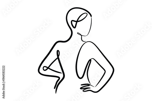 Abstract line drawing depicts a woman s face and upper body in minimalist style