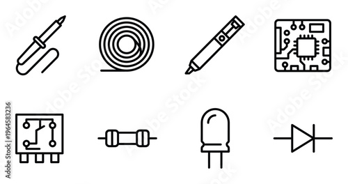 Electronic components and tools line icon set including soldering iron multimeter and circuit board