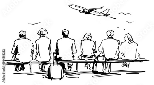 Travelers sitting on a bench watching airplane fly in the sky line art style