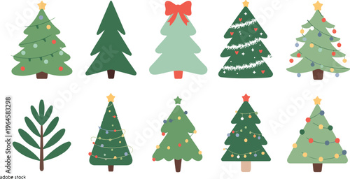 Christmas trees vector set with decorated pine featuring candles candy toys star and tinsel for merry xmas winter holiday