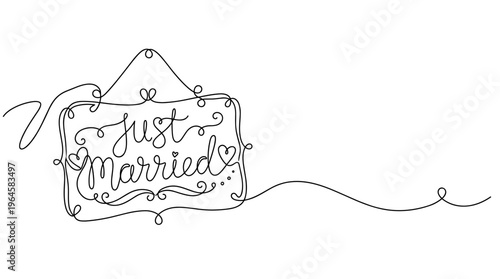 Hand drawn continuous line art of a decorative sign saying Just Married with hearts and flourishes, symbolizing wedding celebration and new beginnings