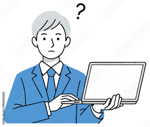 A businessman in a blue suit holds an open laptop while a black question mark floats above his head against a solid white background in a flat style.