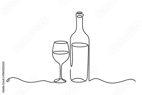 Minimalist one line drawing of a wine bottle and glass