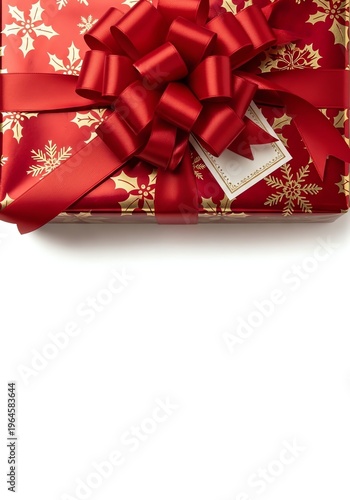 Christmas Gift with Red Ribbon and Gold Holly Pattern