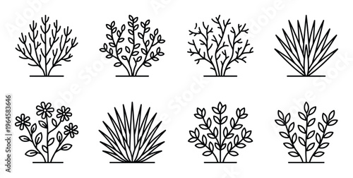 Garden shrub and ornamental grass outline icons featuring various bush shapes and blooming flowers