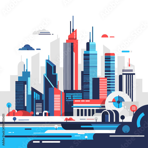 A stylized illustration of a cityscape with modern buildings and a serene waterfront area, conveying a sense of urban tranquility.