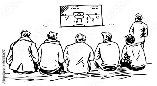 Men watching soccer match on large screen television from behind in hand drawn sketch style