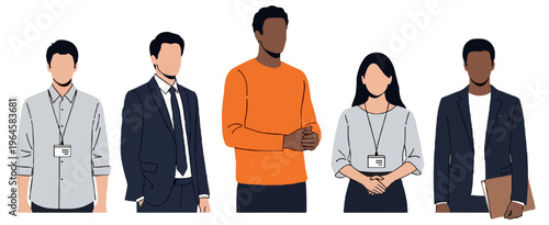 Five diverse business professionals in various formal and casual outfits stand in a horizontal line against a plain white background in a flat vector illustration.