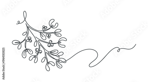 Elegant single line drawing of a mistletoe sprig with berries and a flowing decorative swirl symbolizing winter holidays and festive celebrations