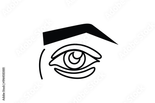 A black and white line drawing of a human eye and eyebrow